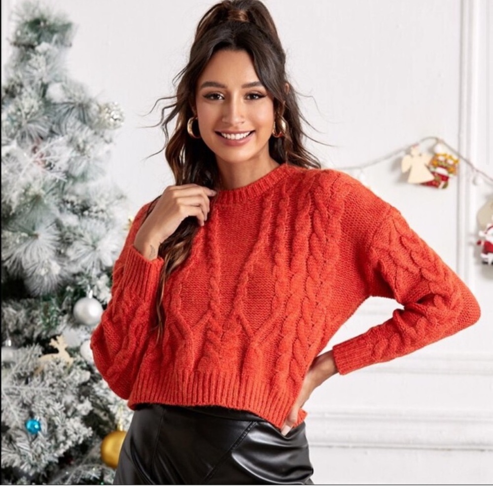 Anthropologie Sleeping On Snow Red Orange Adaia Chenille Cable Knit Sweater Wool